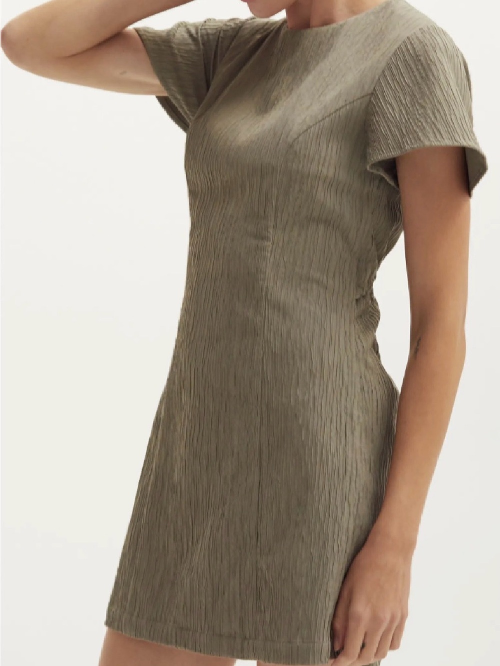 Short Olive Textured Cap-Sleeve Dress